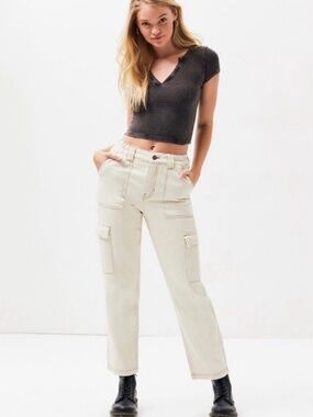 PacSun Elastic Waist High-Rise Utility Cargo Denim Jean Pant Size S Bone